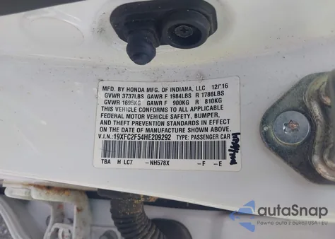 2017 Honda Civic Lx from USA, damaged, VIN 19XFC2F54HE209292